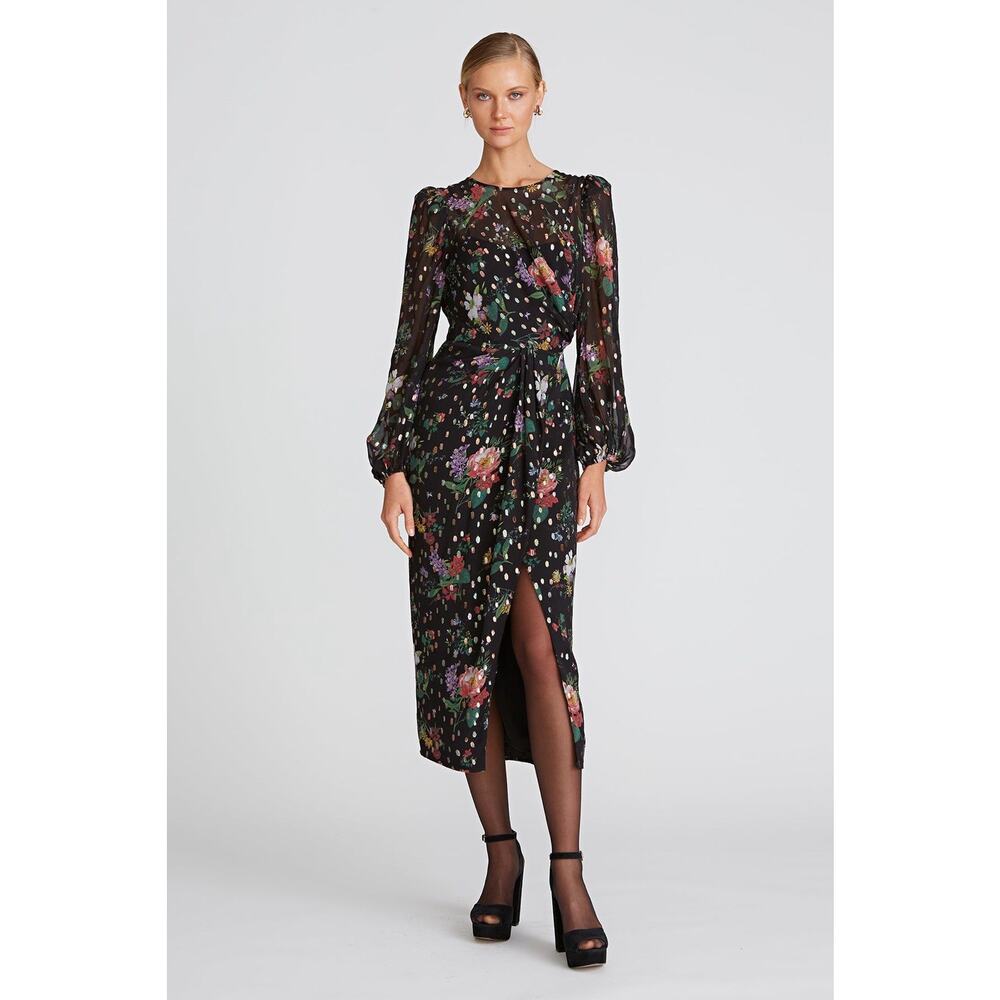 Amur Black Floral Sabine Draped Midi Dress Cocktail Faux Wrap Sz 6 NWT Romantic